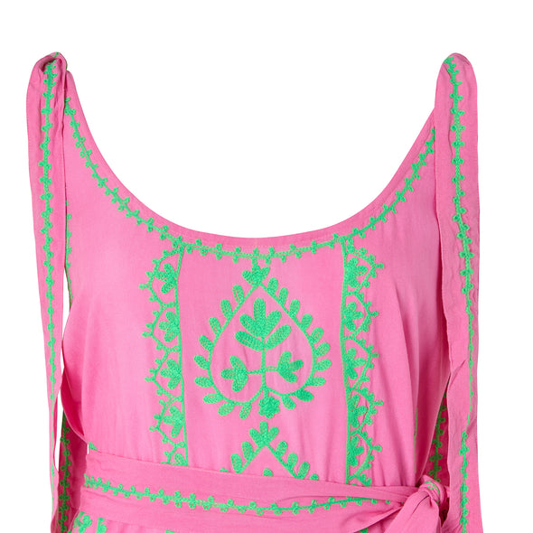 Nido in bright pink with green embroidery