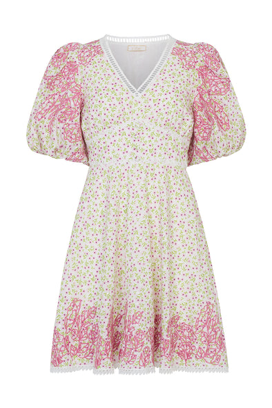 Sample: Embroidered mini dress in white, pink and green (UK size 6-8)