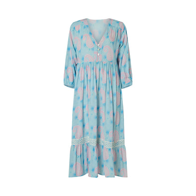 Sample: Pale pink and blue paisley print smock dress (UK size 10-14)